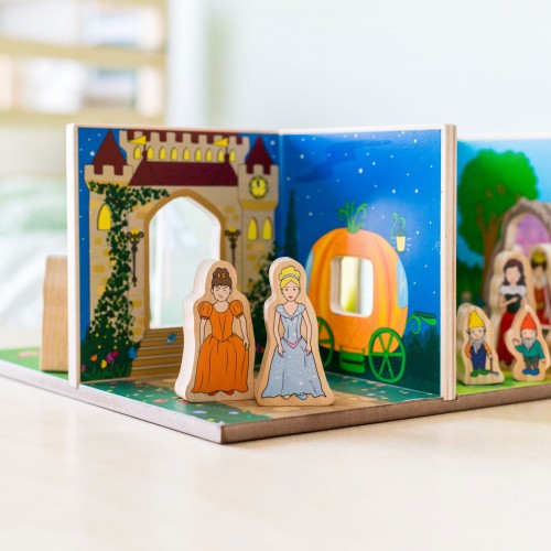 Pretend fairytale play wooden story scene with castle, carriage, and princess cutouts