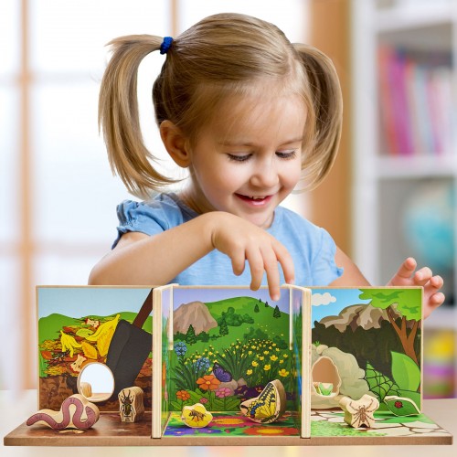 Minibeasts play set with three illustrated scene panels for pretend play