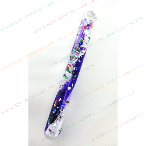 Glitter mini tube with purple and blue confetti stars, silver glitter end cap
