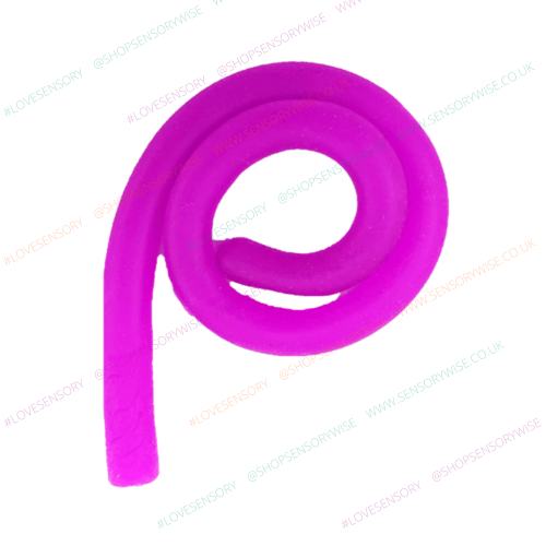 Purple stretchy noodle fidget, coiled loop with curved tail.