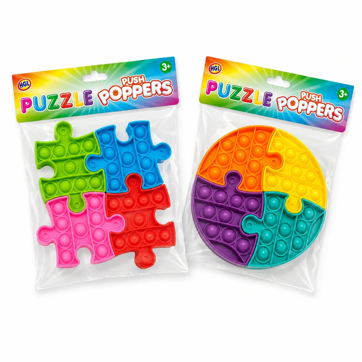Puzzle Popper fidget toy set with colorful push puzzle pieces in blister pack