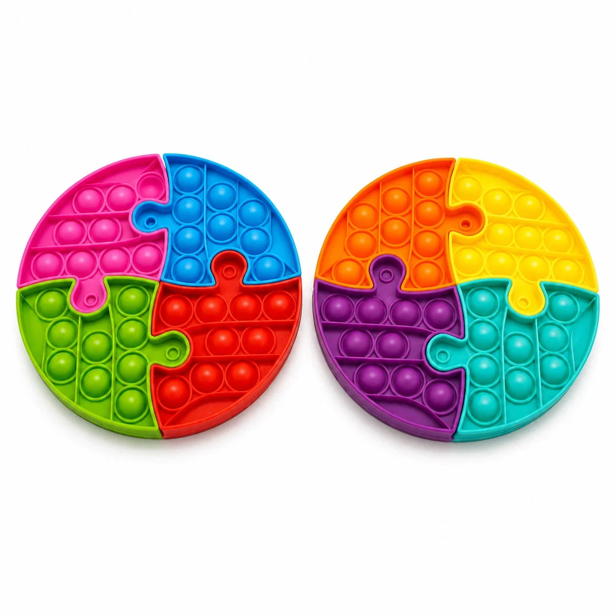 Round push popper puzzle toy with multicolor bubble tiles, two styles