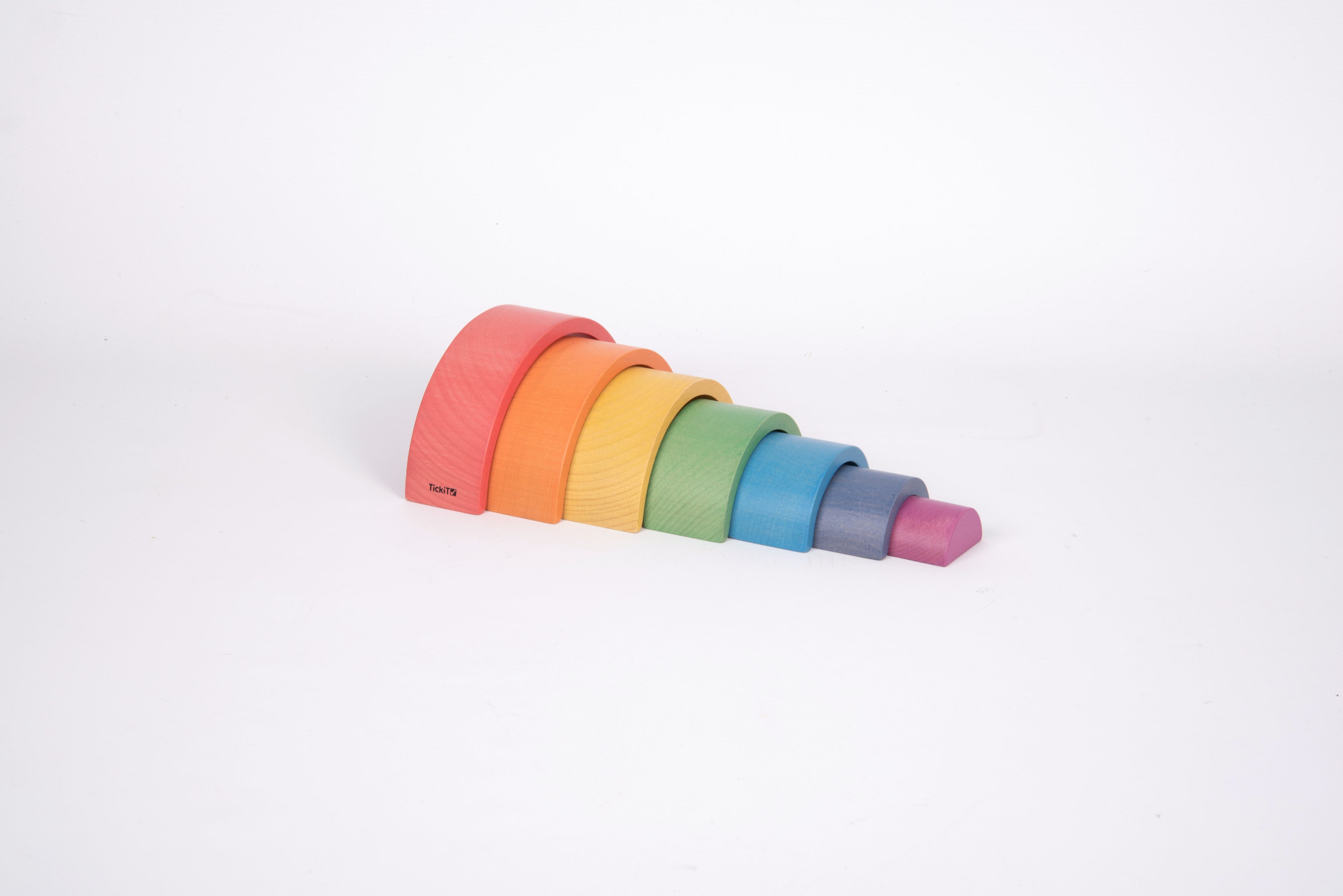 Rainbow arch toy stack with layered curved arches in orange, yellow, green, blue, and purple