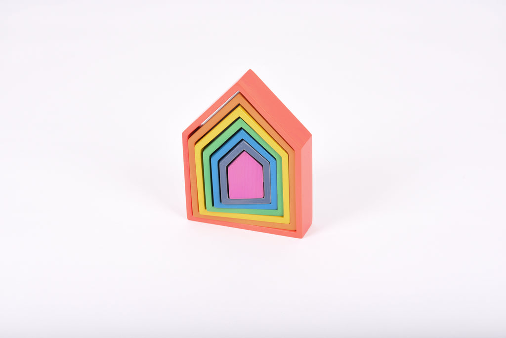 Standing rainbow house nesting block with concentric colored arch layers
