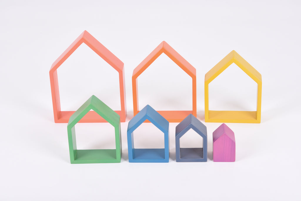 Rainbow nesting house blocks set with multicolor roofs and open centers
