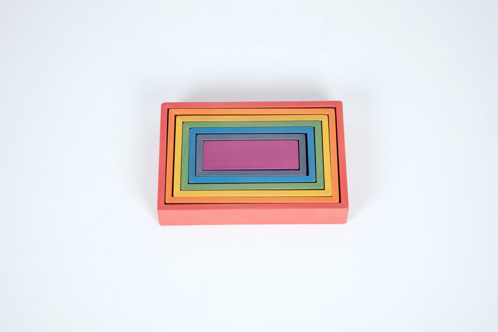 Nested rectangular frame blocks in coral, orange, yellow, green, and blue