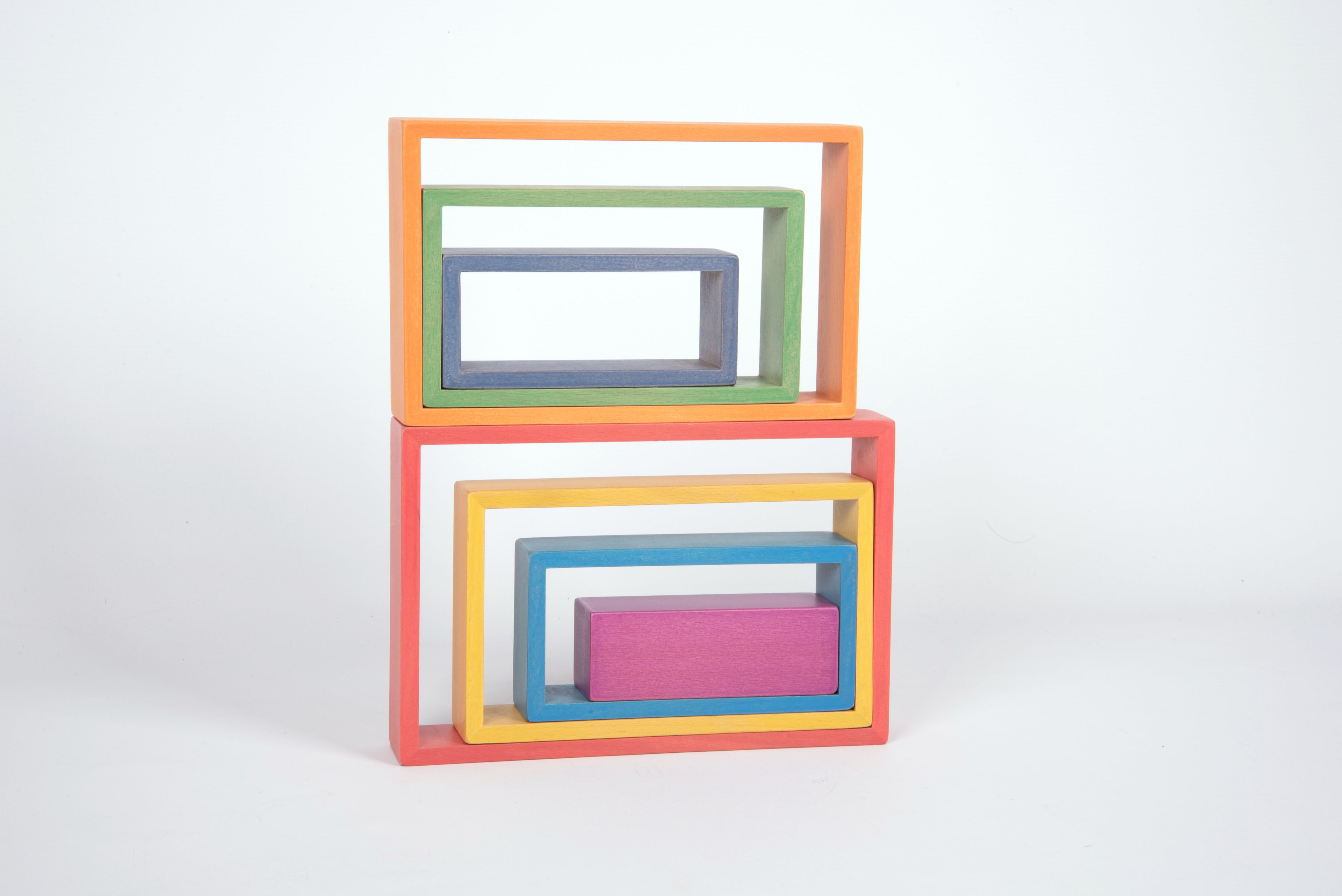 Two-tier arrangement of colorful rectangular frame blocks in orange, green, yellow, and pink