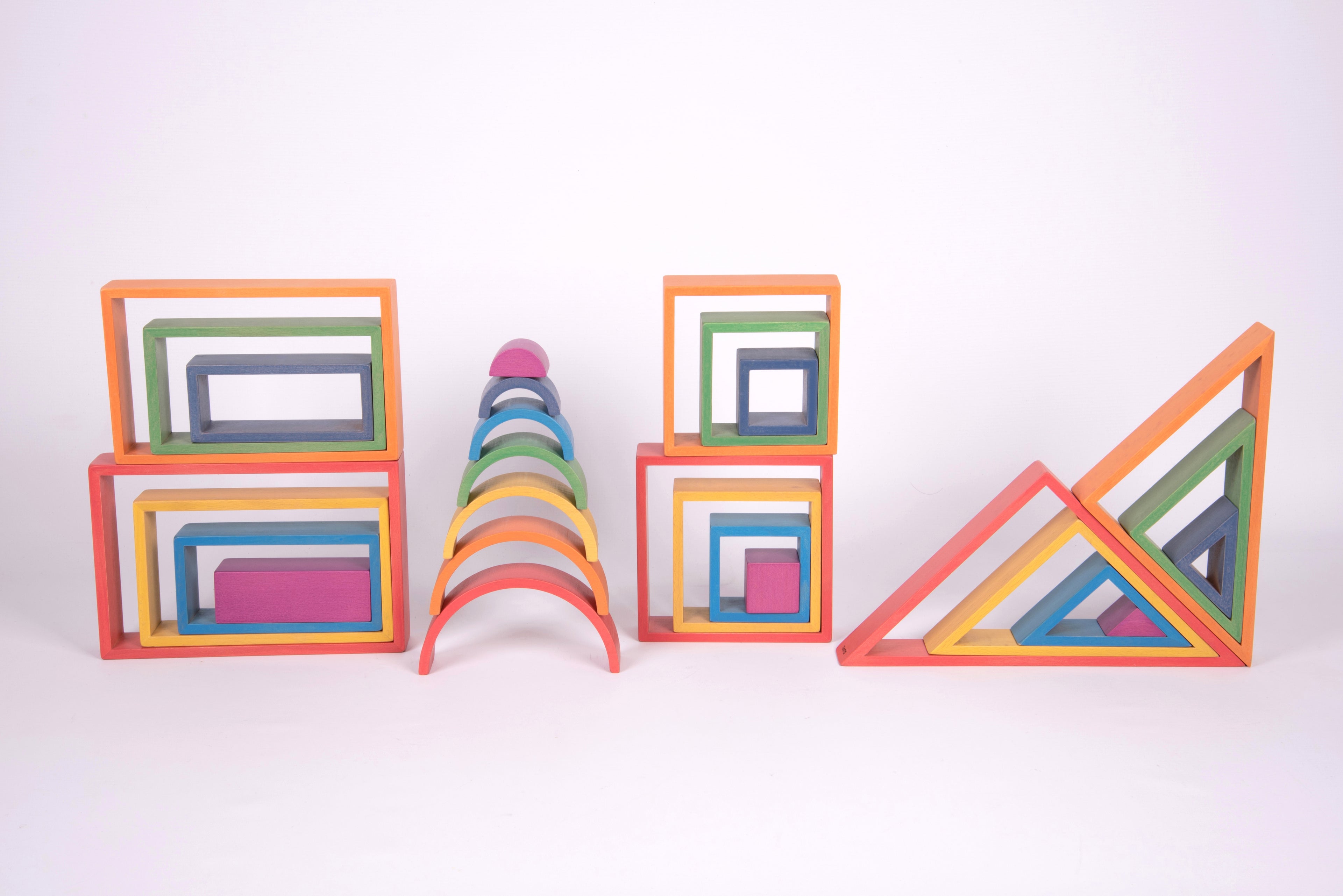 Colorful geometric building blocks with framed panels and arch pieces