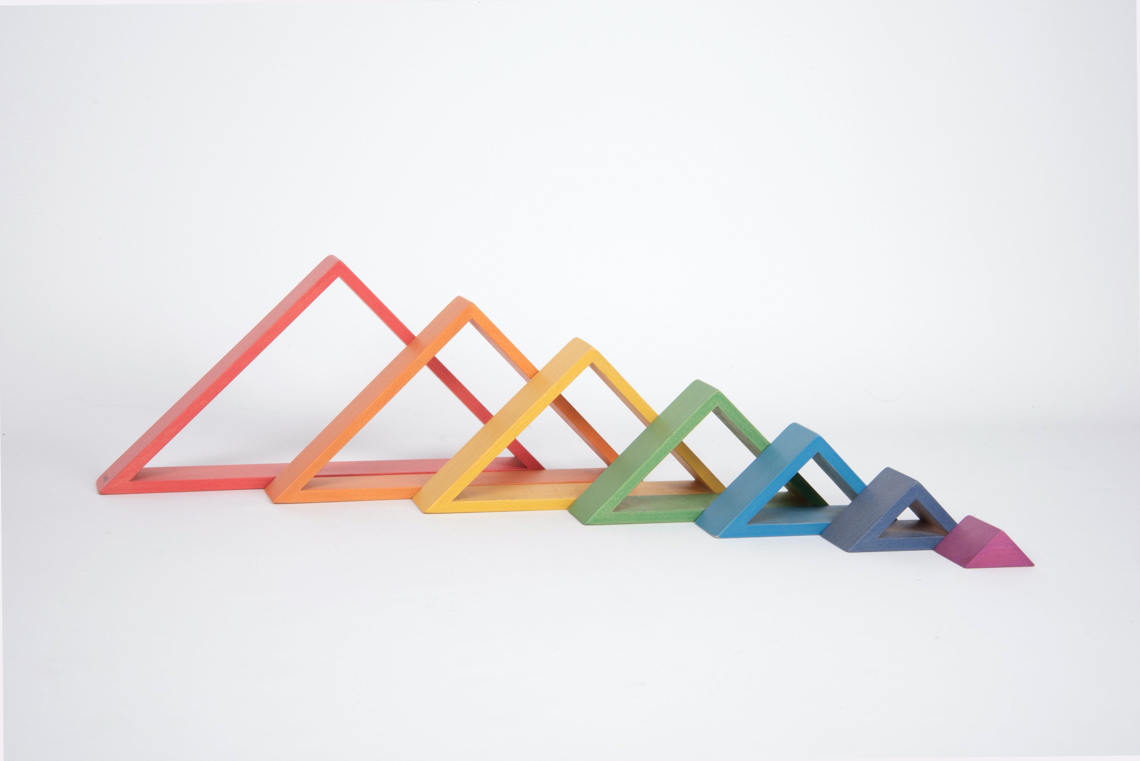 Rainbow triangle balance set, long slanted blocks forming a descending row.