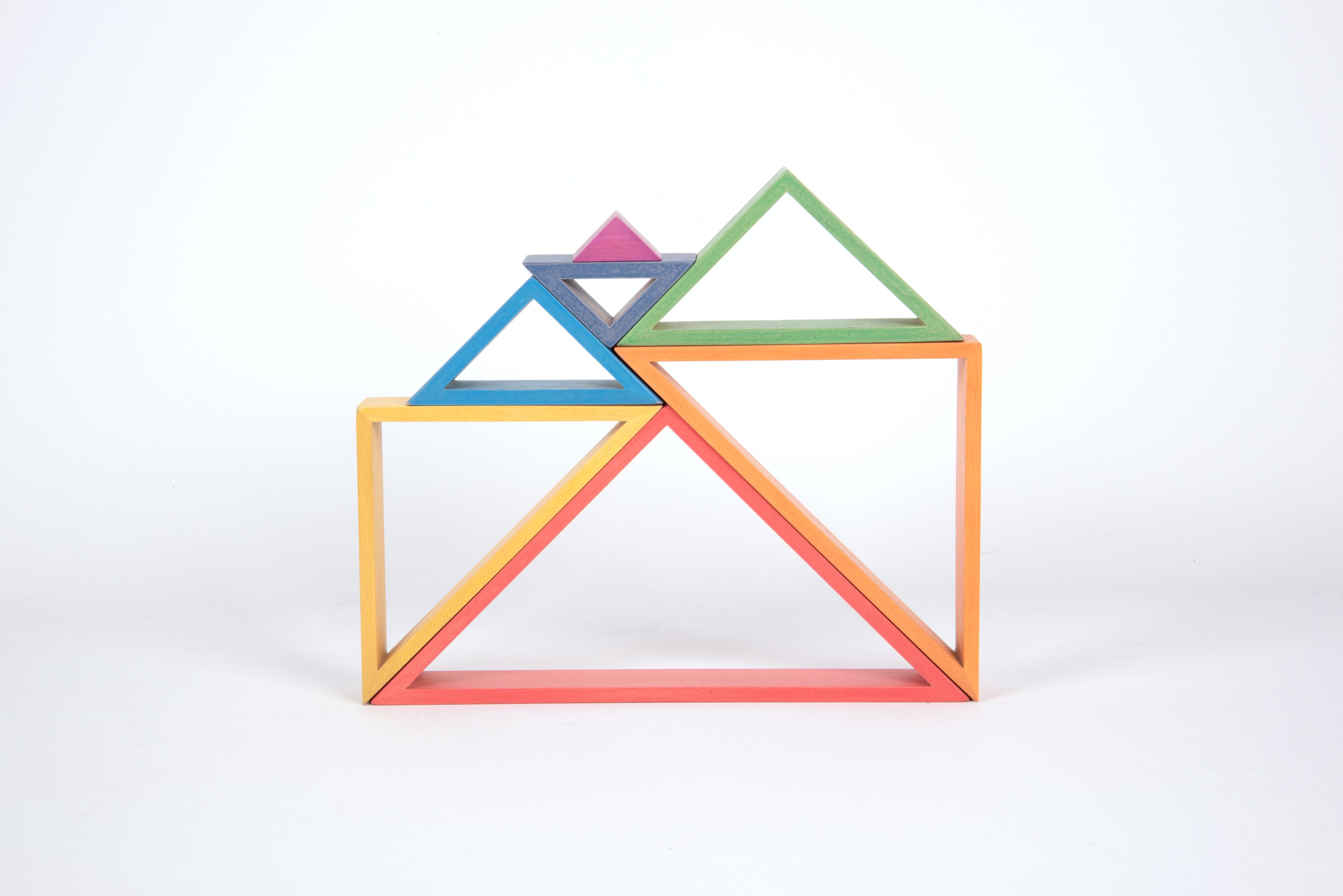 Colorful triangle frame blocks, nested triangular openings with orange border.