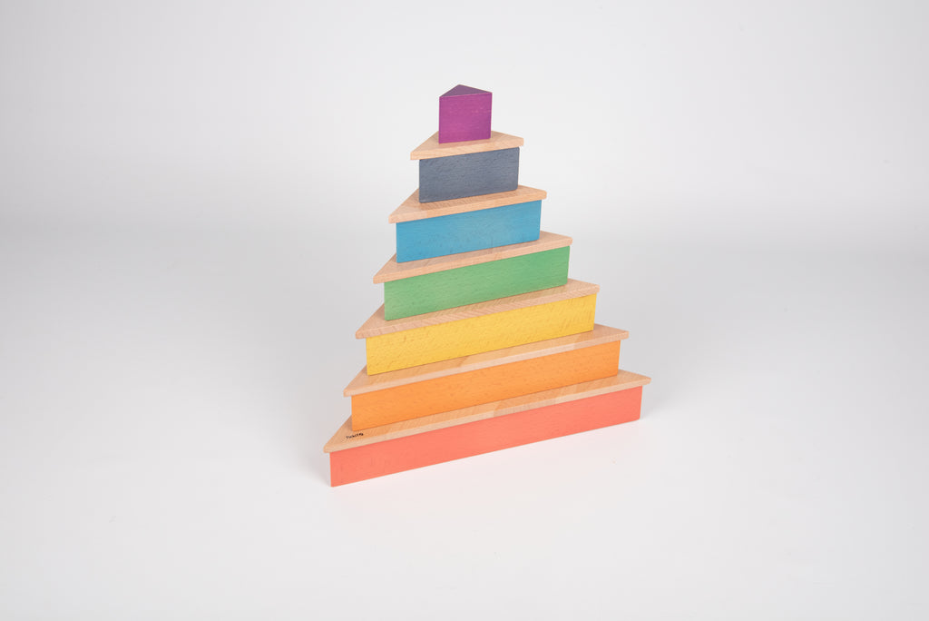 Rainbow triangle stacking blocks, angled stack with small purple top piece.