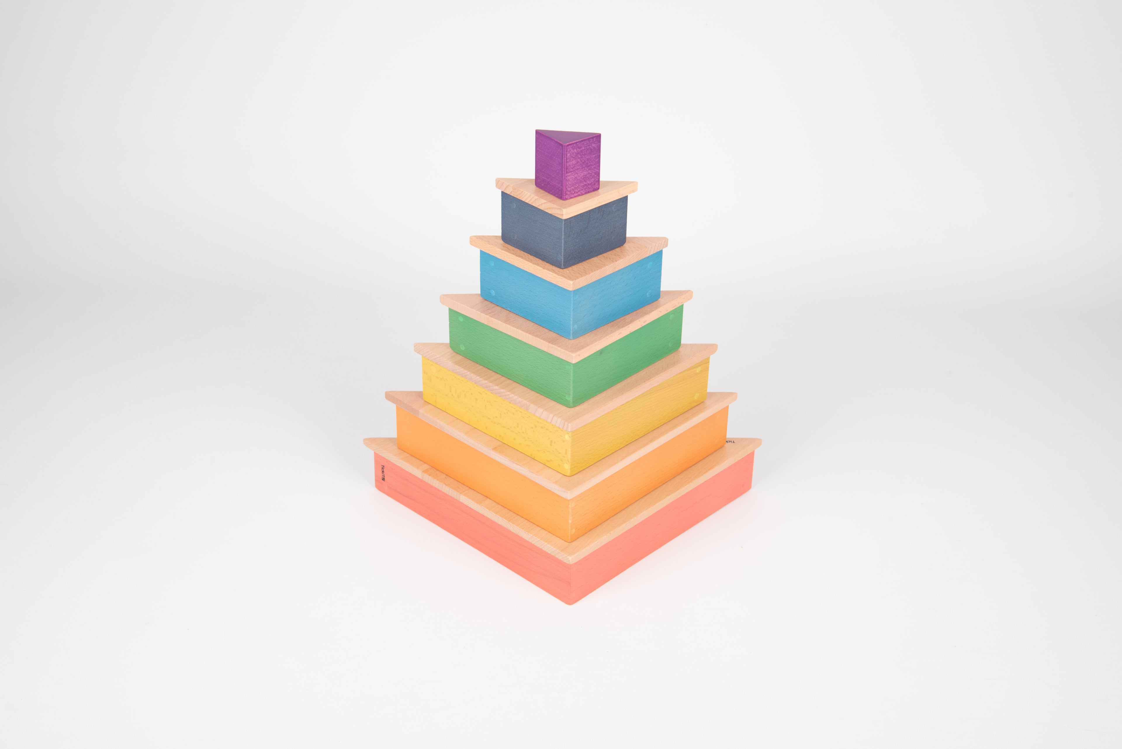 Rainbow triangle stacking blocks, multicolor wooden pieces stacked like a pyramid.