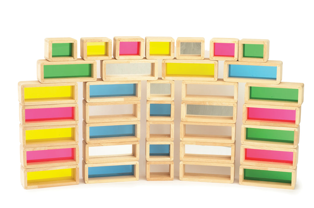 Rectangular wooden rainbow building blocks with colored inset openings