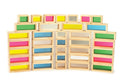Rectangular wooden rainbow building blocks with colored inset openings