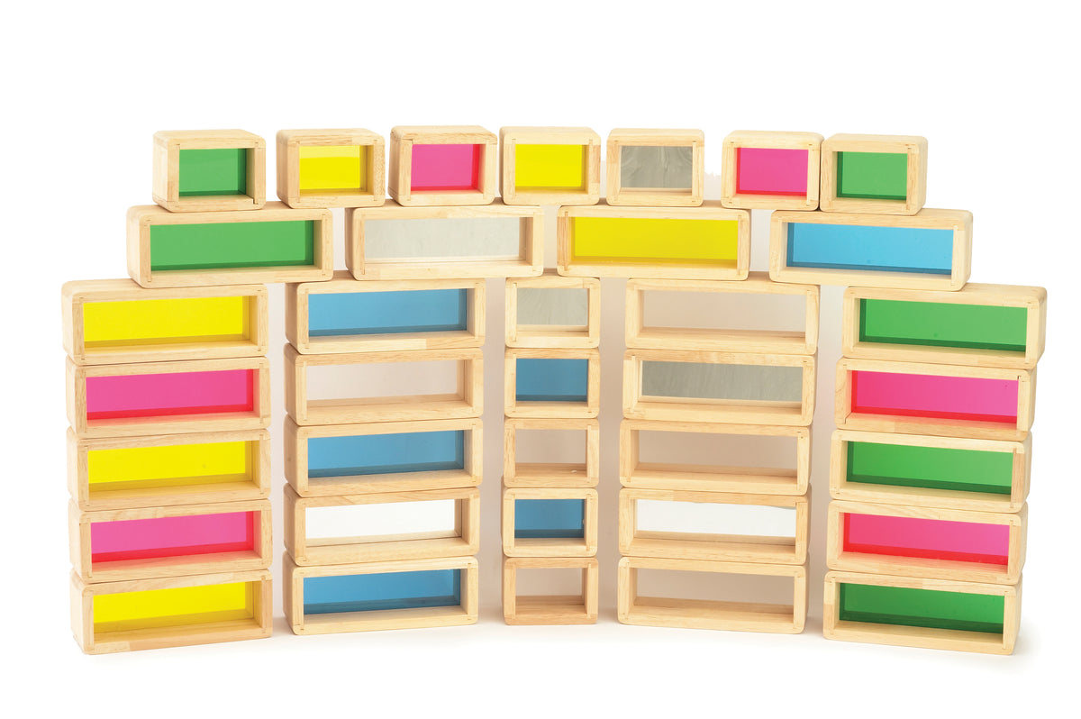 Rectangular wooden rainbow building blocks with colored inset openings