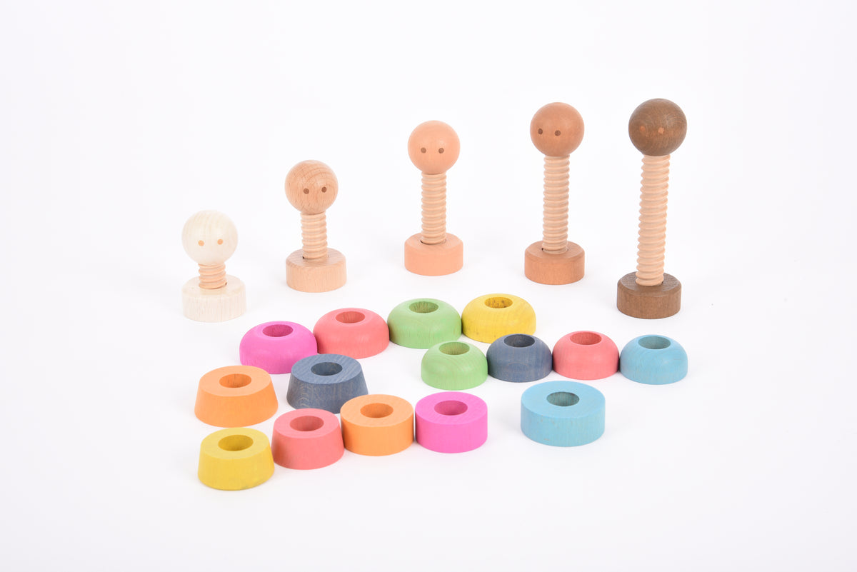 Wooden peg people and multicolor stacking rings with vertical wooden bases