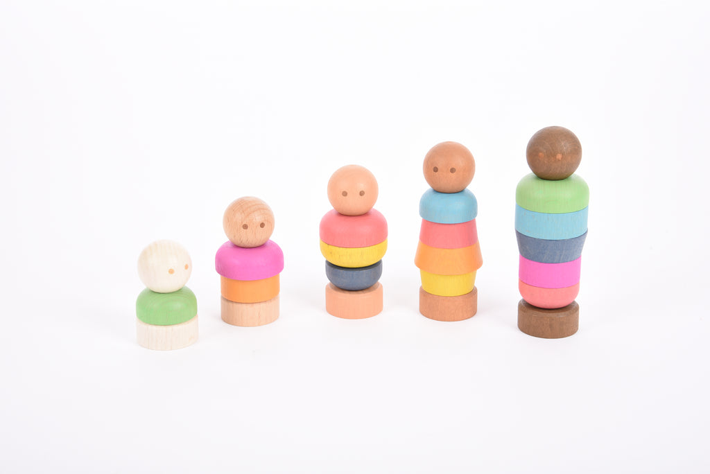 Wooden stacking people toy set with rainbow bodies and peg bases