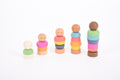 Wooden stacking people toy set with rainbow bodies and peg bases