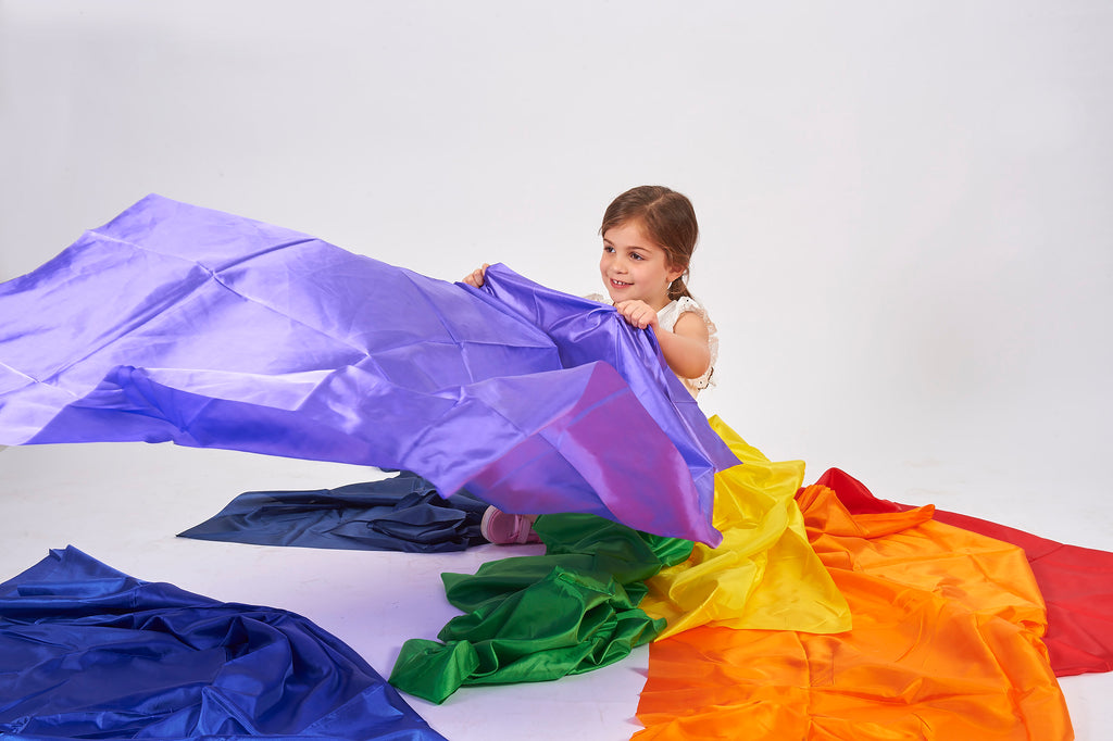 Purple and blue habutae fabric folds with green and orange layers