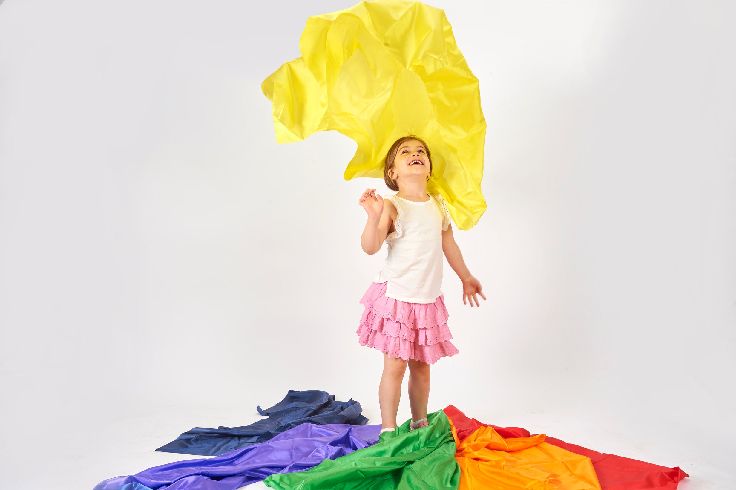 Yellow habutae fabric with gathered, flowing drape on top of folded folds