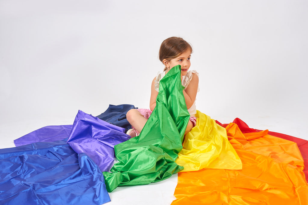 Green habutae fabric with blue and orange folded sections, crinkled look