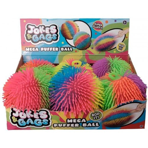 Rainbow mega puffer ball toy with colorful spiky texture