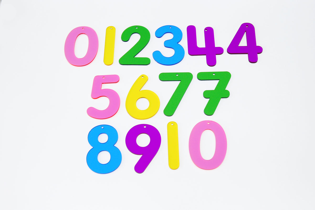 Colorful number tiles arranged to show 0 to 10, with pink, blue, and green digits
