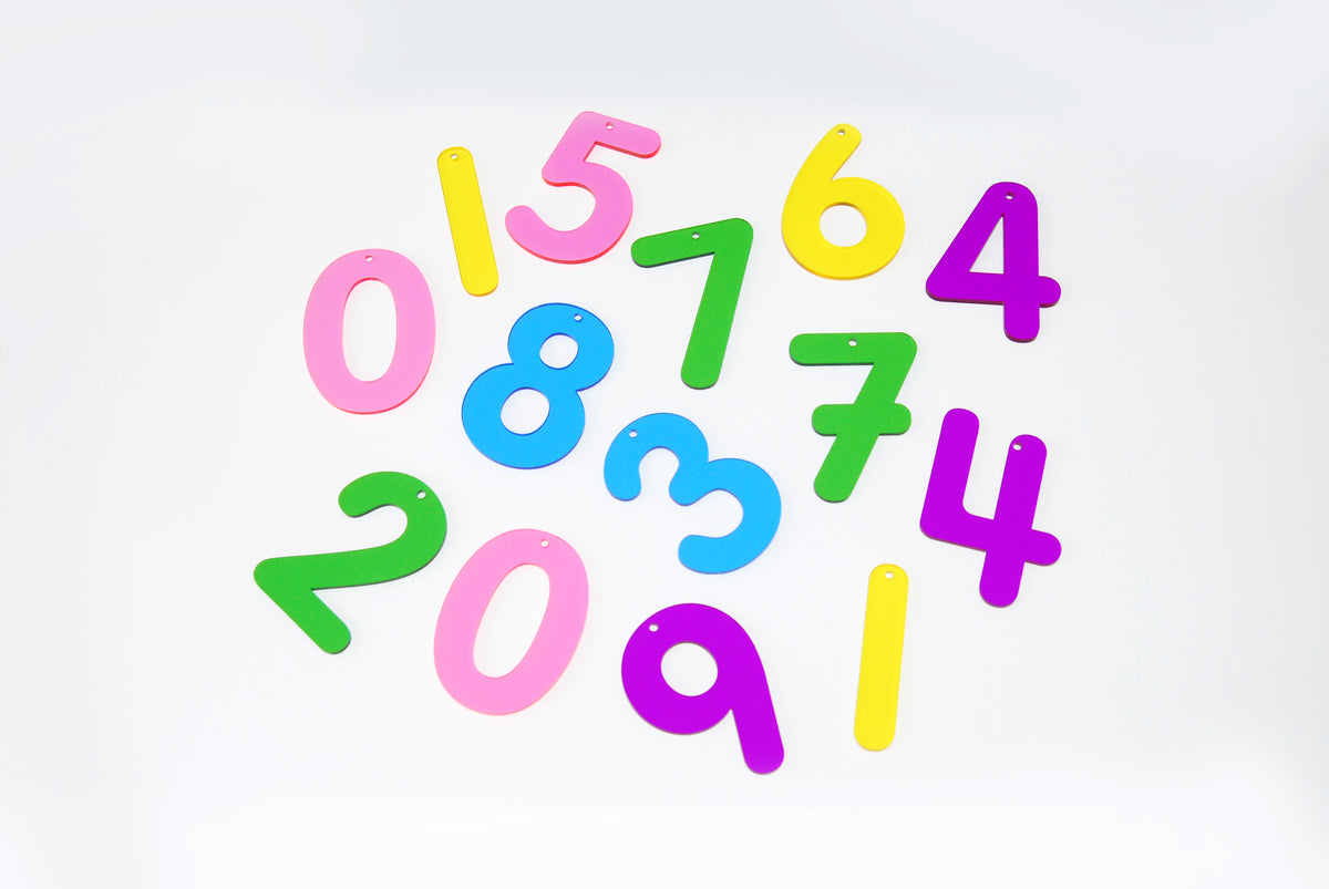 Colorful number tiles with numbers 0 to 9, scattered in a playful layout