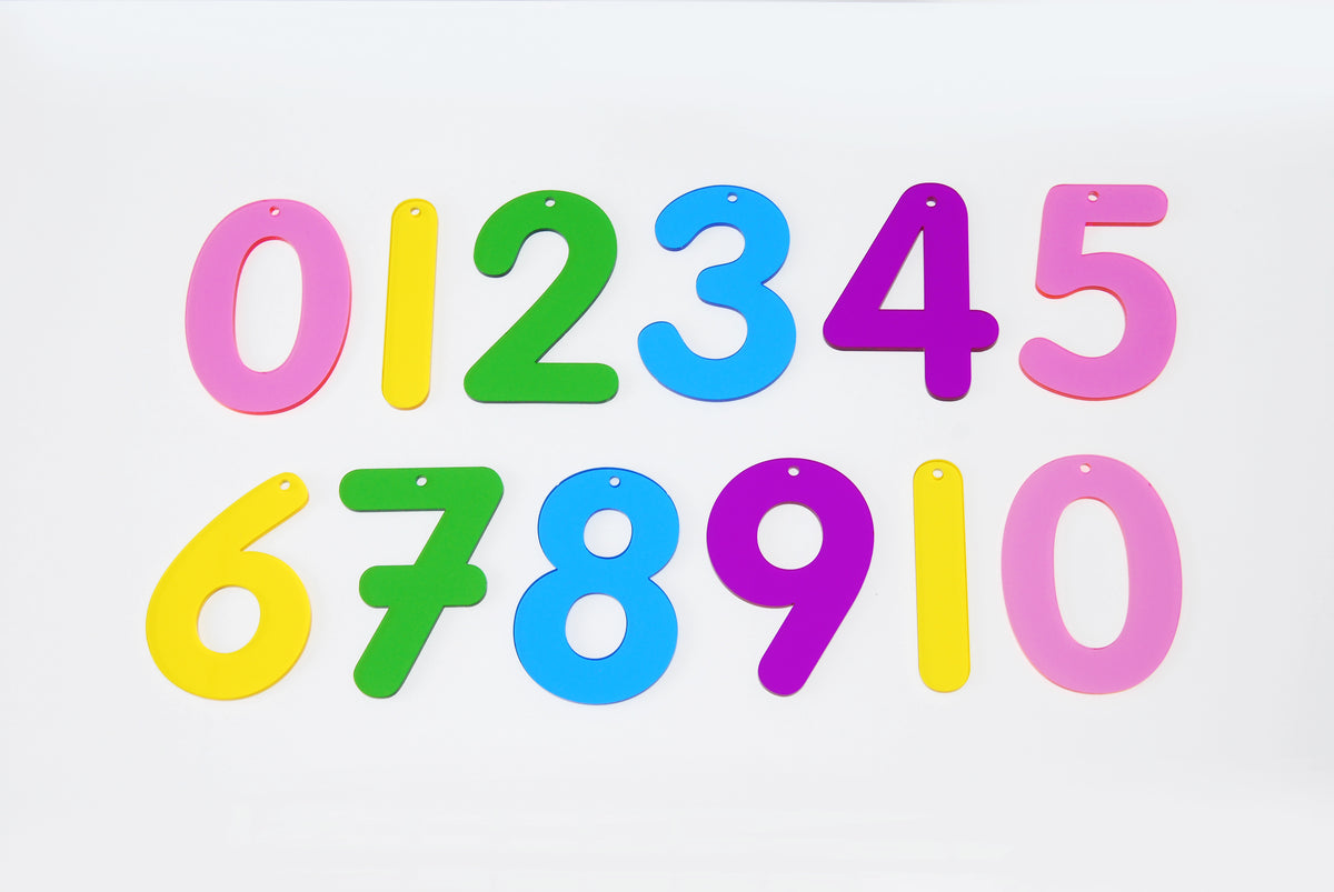 Colorful number tiles showing 0 to 10, arranged in two rows on a white surface