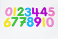 Rainbow numbers set of colorful number tiles, 0 to 10, arranged on a white surface