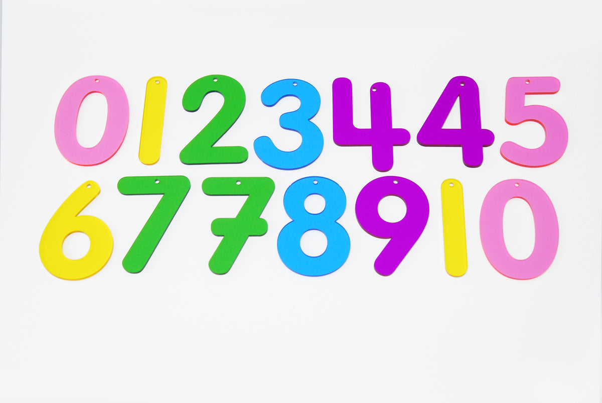 Rainbow numbers set of colorful number tiles, 0 to 10, arranged on a white surface