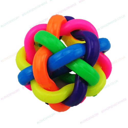 Multicolor linked-loop sensory ball with rainbow orbit rings
