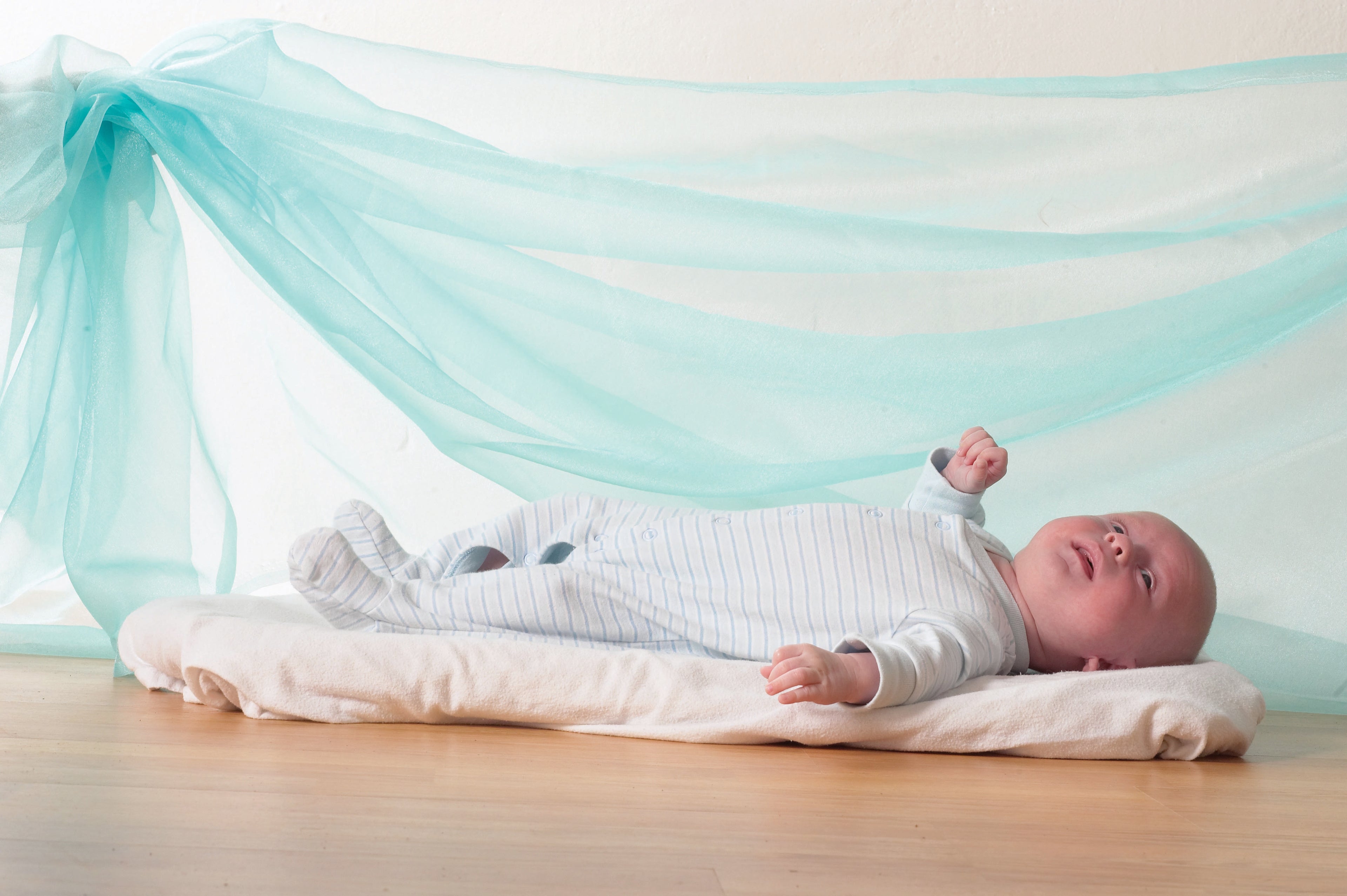 Light blue organza fabric drape, sheer fabric canopy gathered for soft look