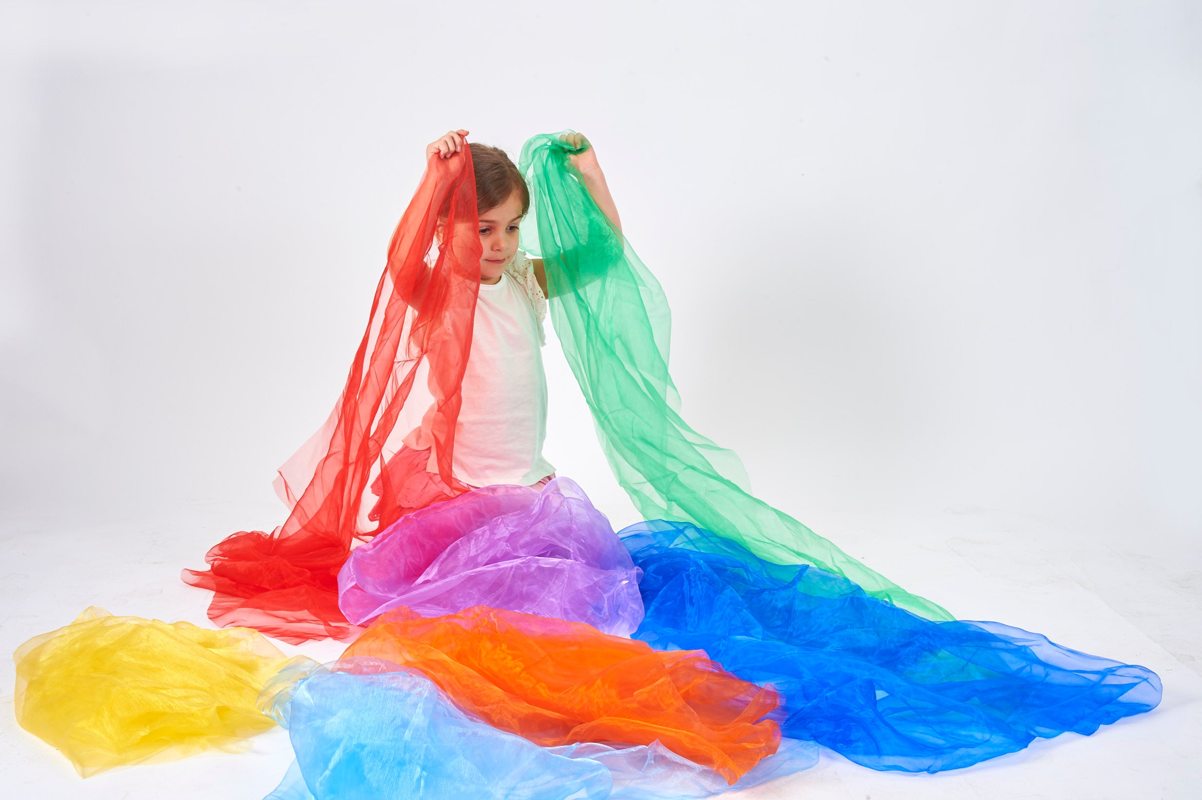 Rainbow organza fabric veil, sheer drape in red, green, purple, blue and yellow