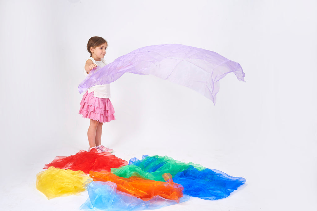 Rainbow organza fabric pieces, sheer layers in purple, red, yellow, blue and green