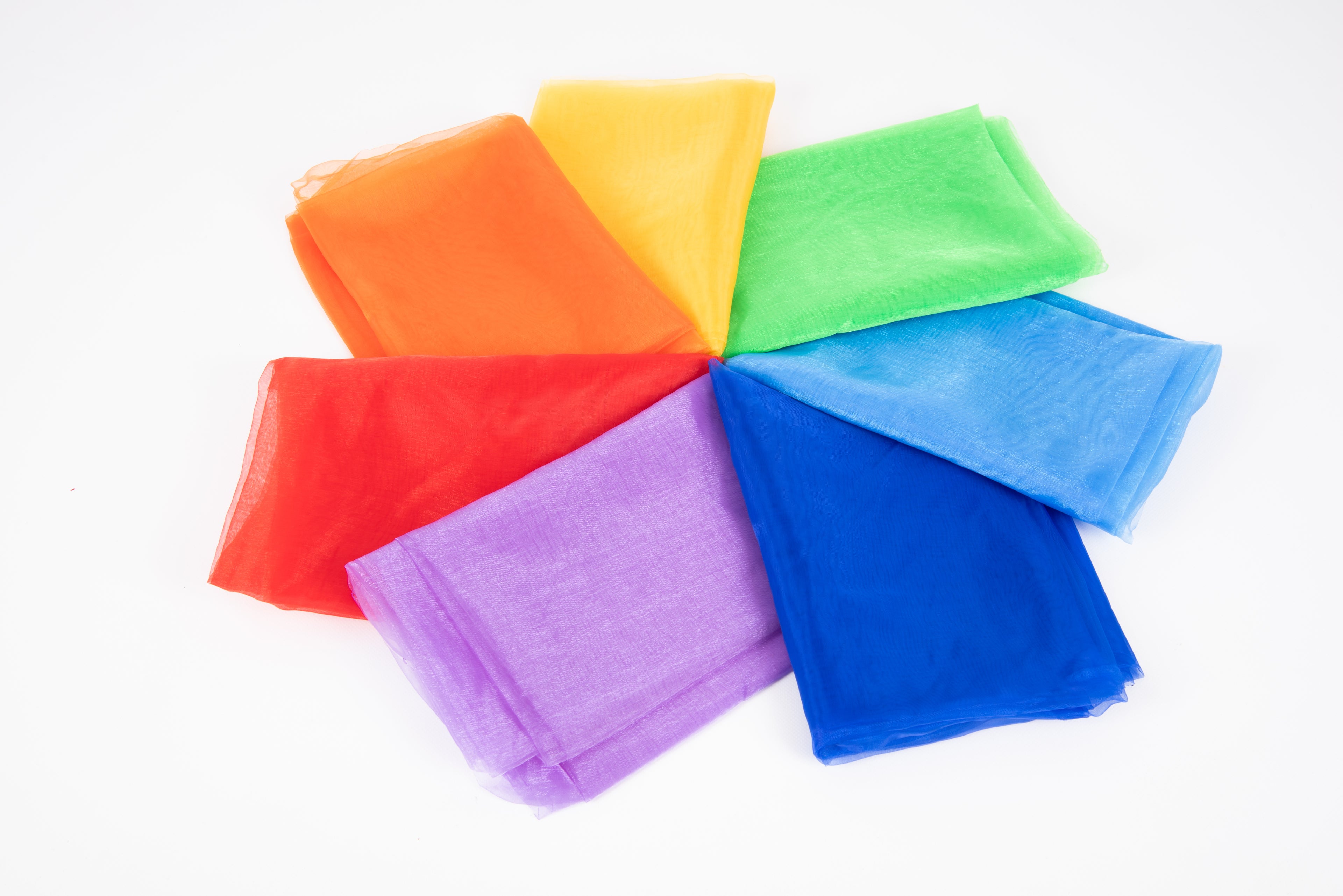 Folded rainbow organza fabric bundle, sheer squares in orange, yellow, green, blue and purple