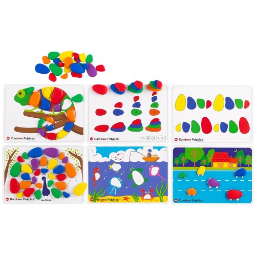 Rainbow Pebbles activity set with colorful pebble pieces and 6 patterned board trays