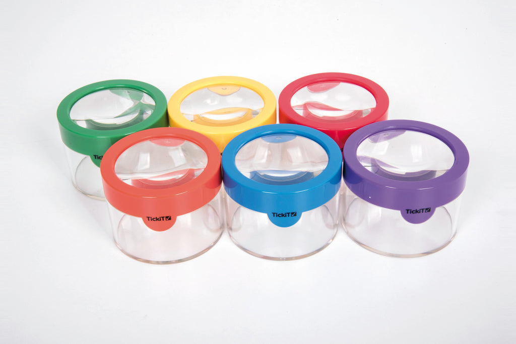 Clear viewer magnifiers with colored lids: green, yellow, red, blue, and purple.