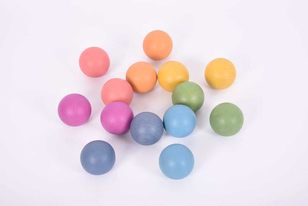 Mixed-color wooden ball set with round balls in pink, orange, yellow, green, and blue