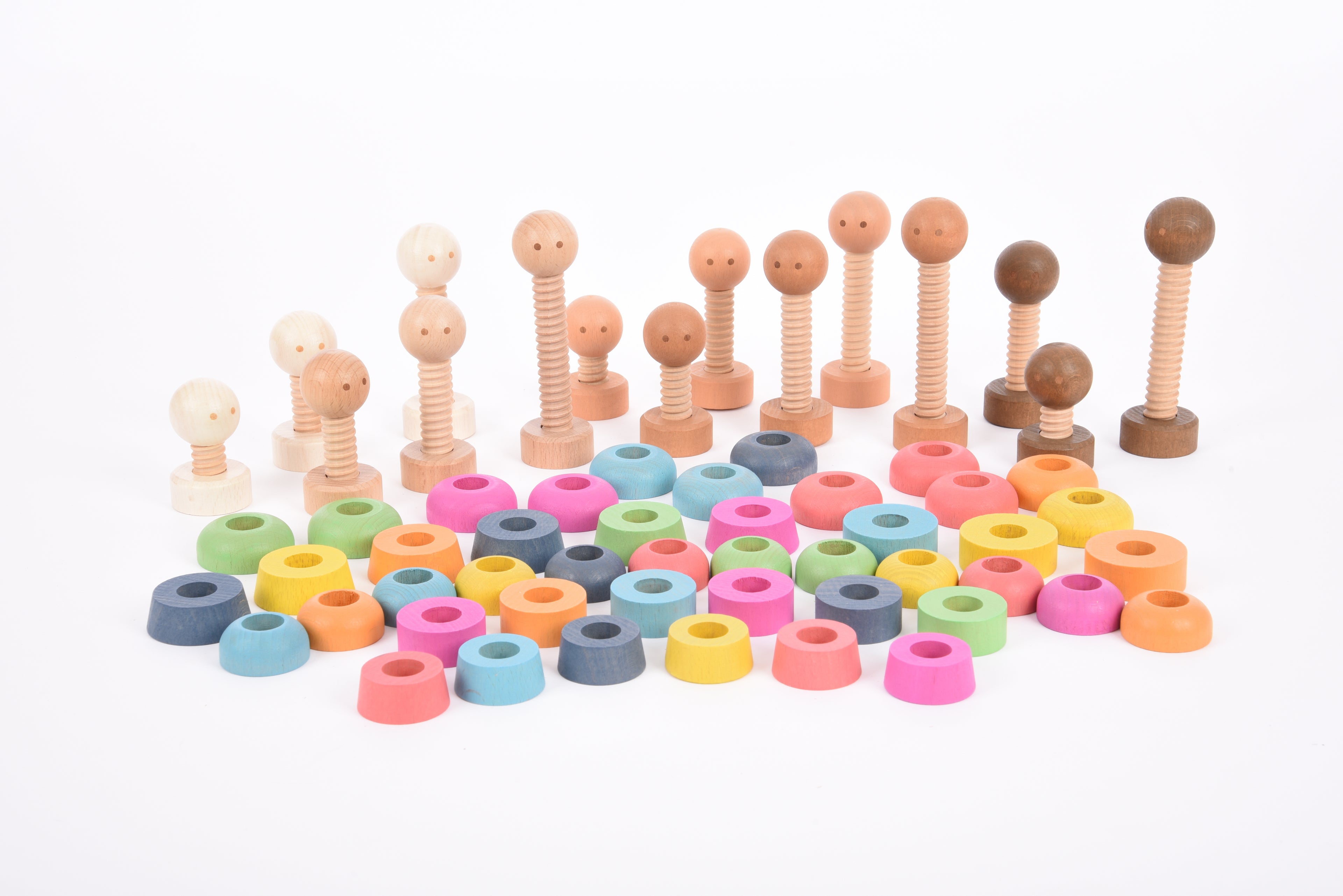 Wooden rainbow peg people set of colorful peg-top figures on light background