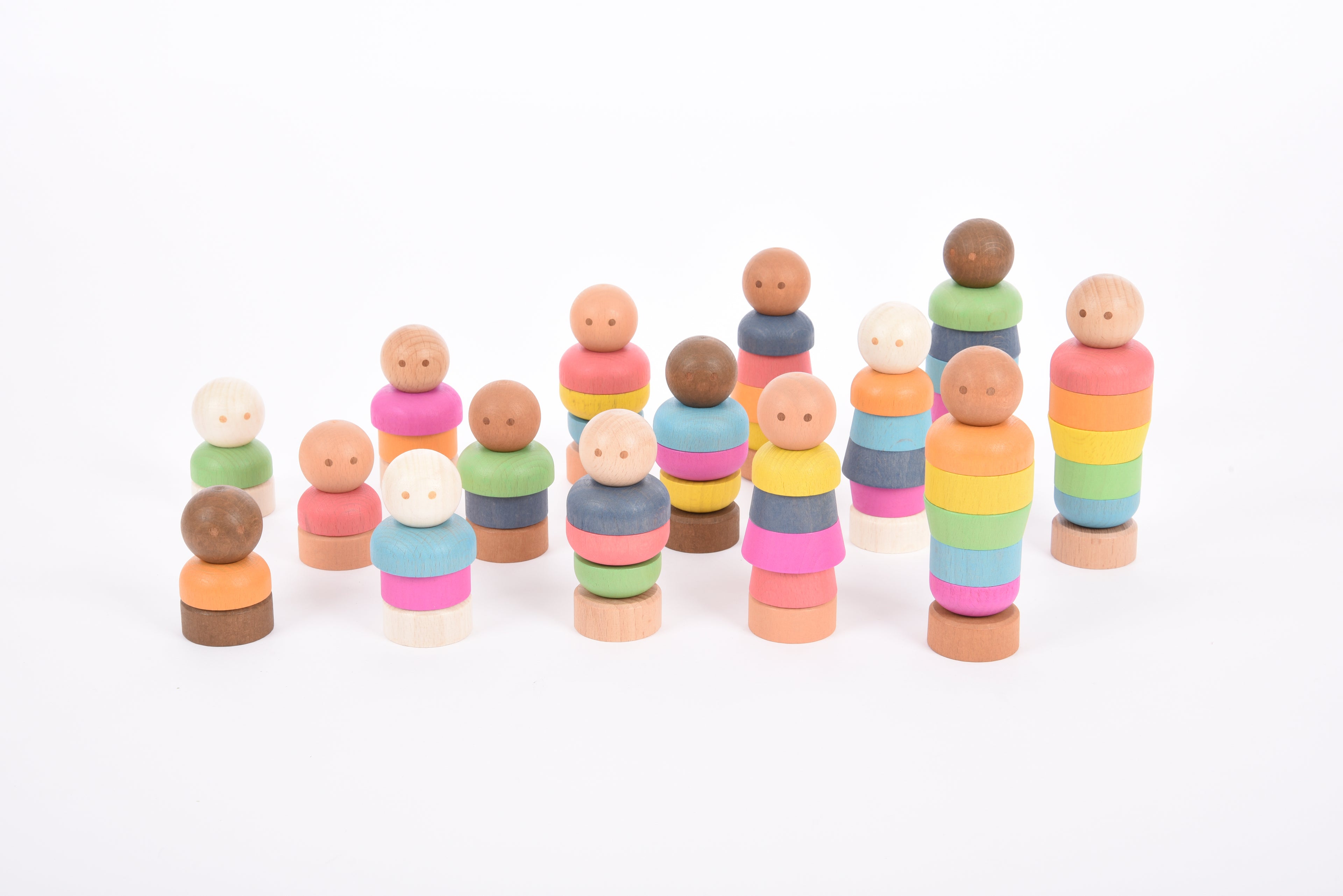 Wooden rainbow peg people figures set with multicolor stacked bodies