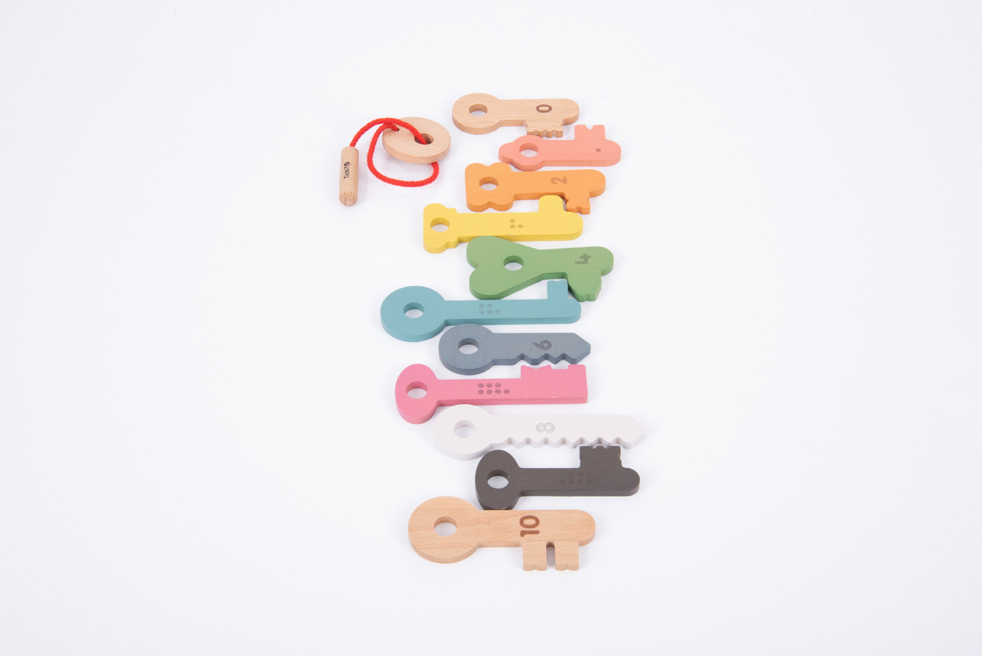 Wooden counting keys in assorted colors with printed numbers and a red string loop.