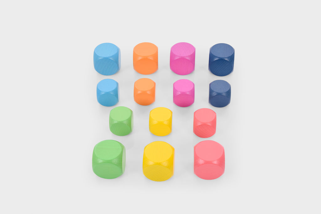 Rainbow wooden cubes set, multicolored stack of small square blocks