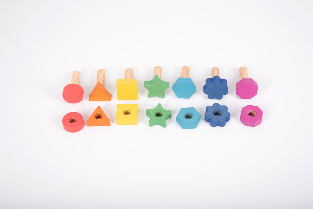 Rainbow wooden nuts and bolts pieces on white: colorful screws and nuts in assorted shapes.