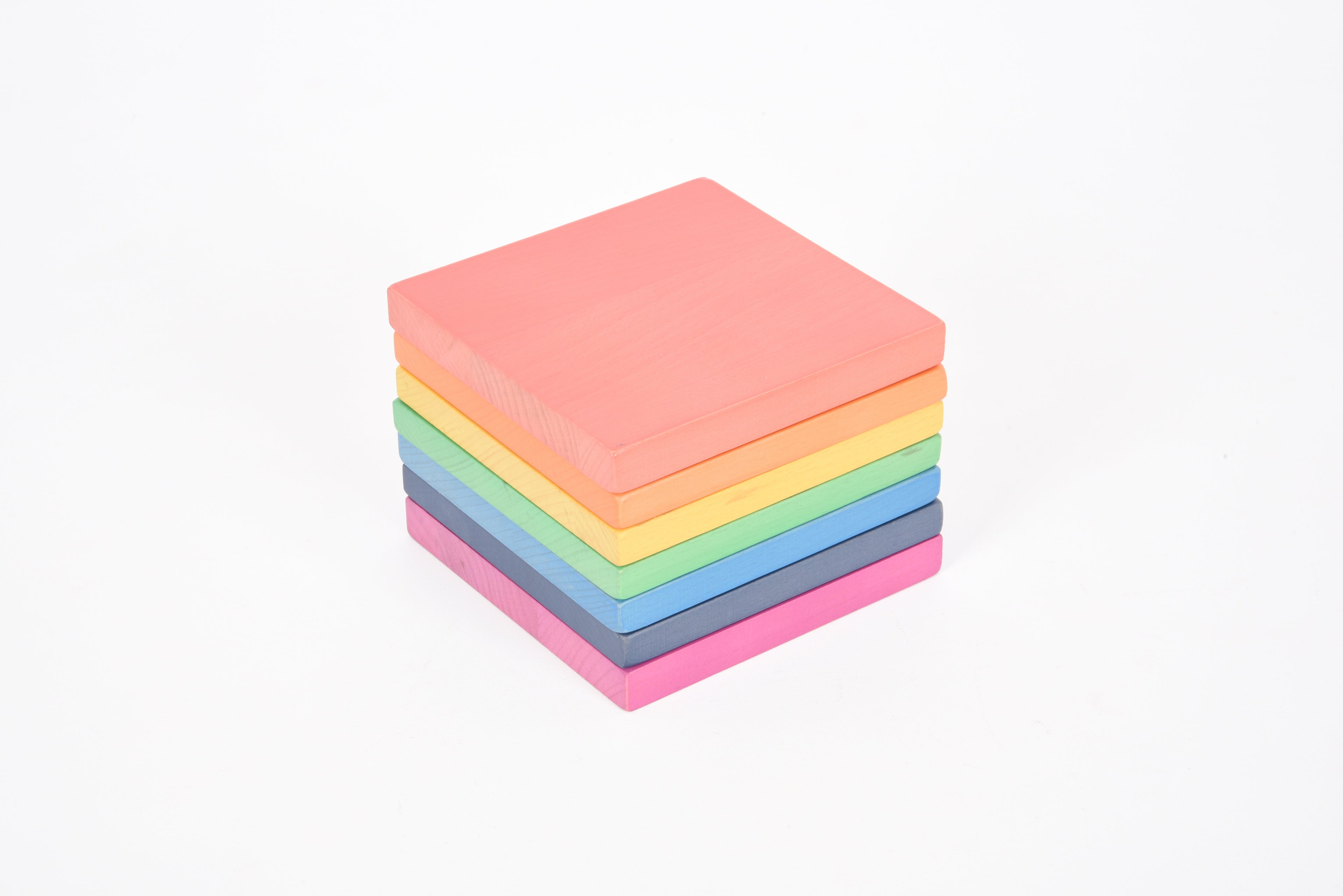 Rainbow wooden stacker boards in pink, orange, yellow, green, blue, and purple layers