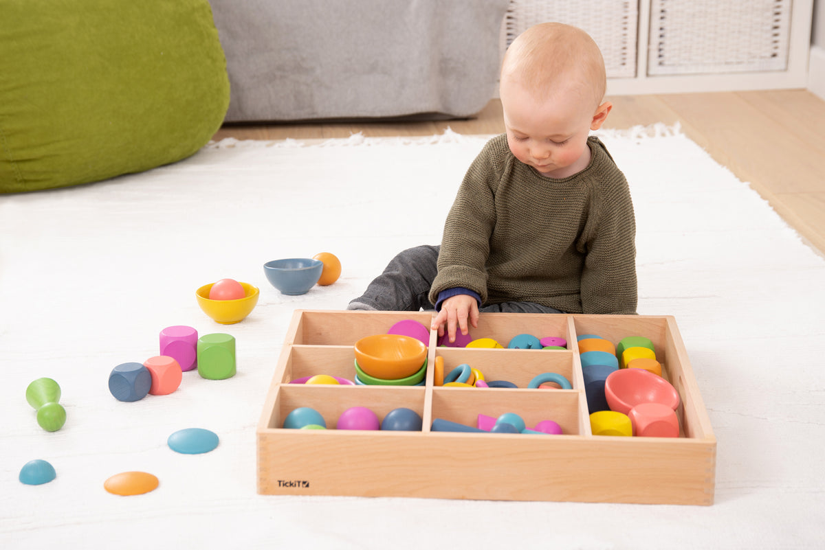 Wooden sorting tray set with rainbow stacking rings and bowls, in a divider box