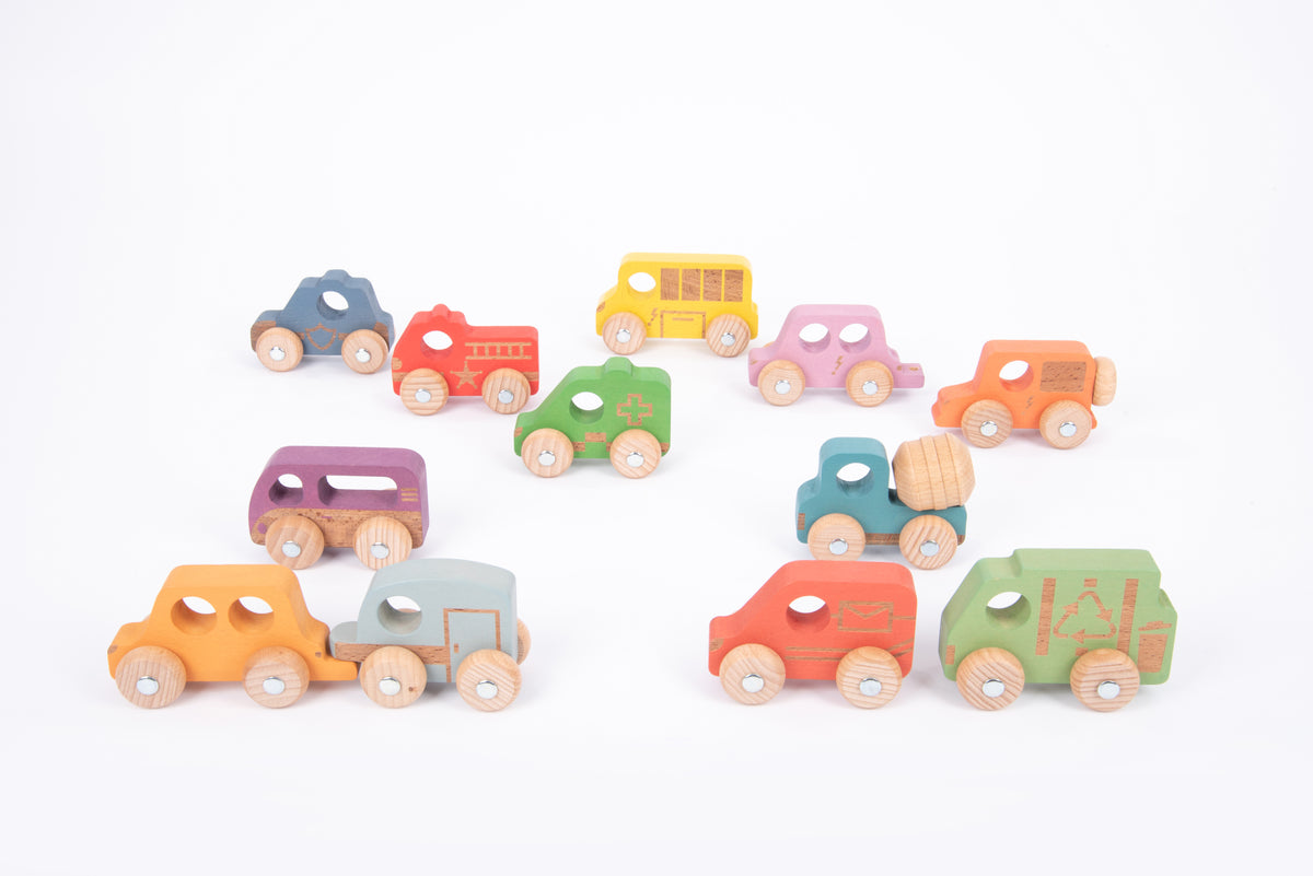 Rainbow wooden vehicle set with small toy cars and trucks, painted colorful details
