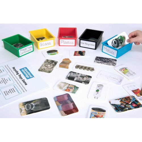 Recycling board game set with labeled sorting bins and picture cards