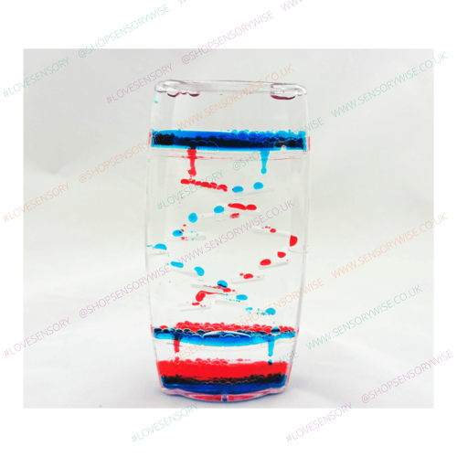 Clear liquid motion tumbler with red and blue gel beads