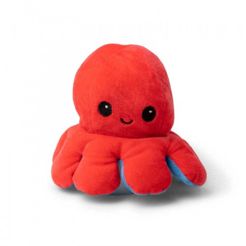 Reversible plush octopus toy, red plush with blue tentacle tips and smile